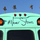 turquoise bus with #never stress and palm trees in background
