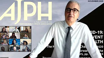 Alfredo Morabia in front of AJPH logo and Zoom attendees