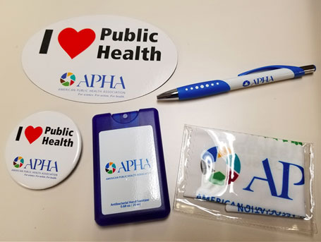 I love public health magnet, button, hand sanitizer, pen, screen wipe