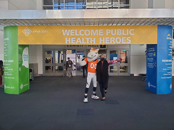 Denver Broncos mascot and Angelica Walker at Denver Convention Center