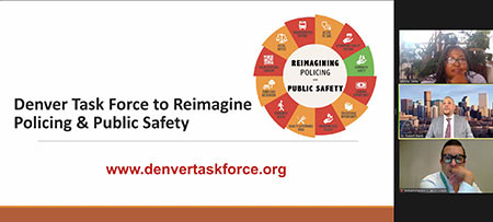 Zoom screenshot of Denver Task Force members and presentation slide