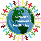 logo, Children's Environmental Health Day, colored figures holding hands around globe