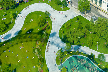 Aerial picture of a London park with green spaces and walkways