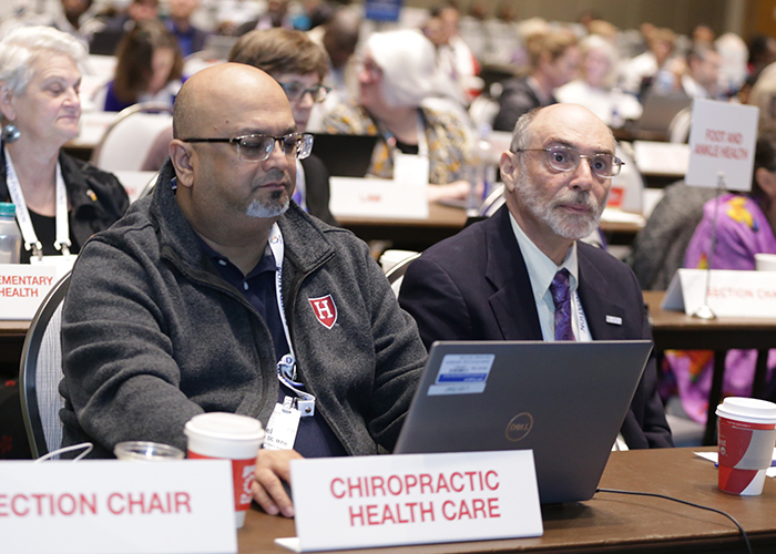 Two members of the Chiropractic Health Care section sit at a top with laptops. 