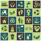 collage of ecology icons such as hands holding leaves, footprints, a globe, the recycle symbol