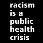 "racism is a public health crisis" on black background, multicolored stripe with APHA logo